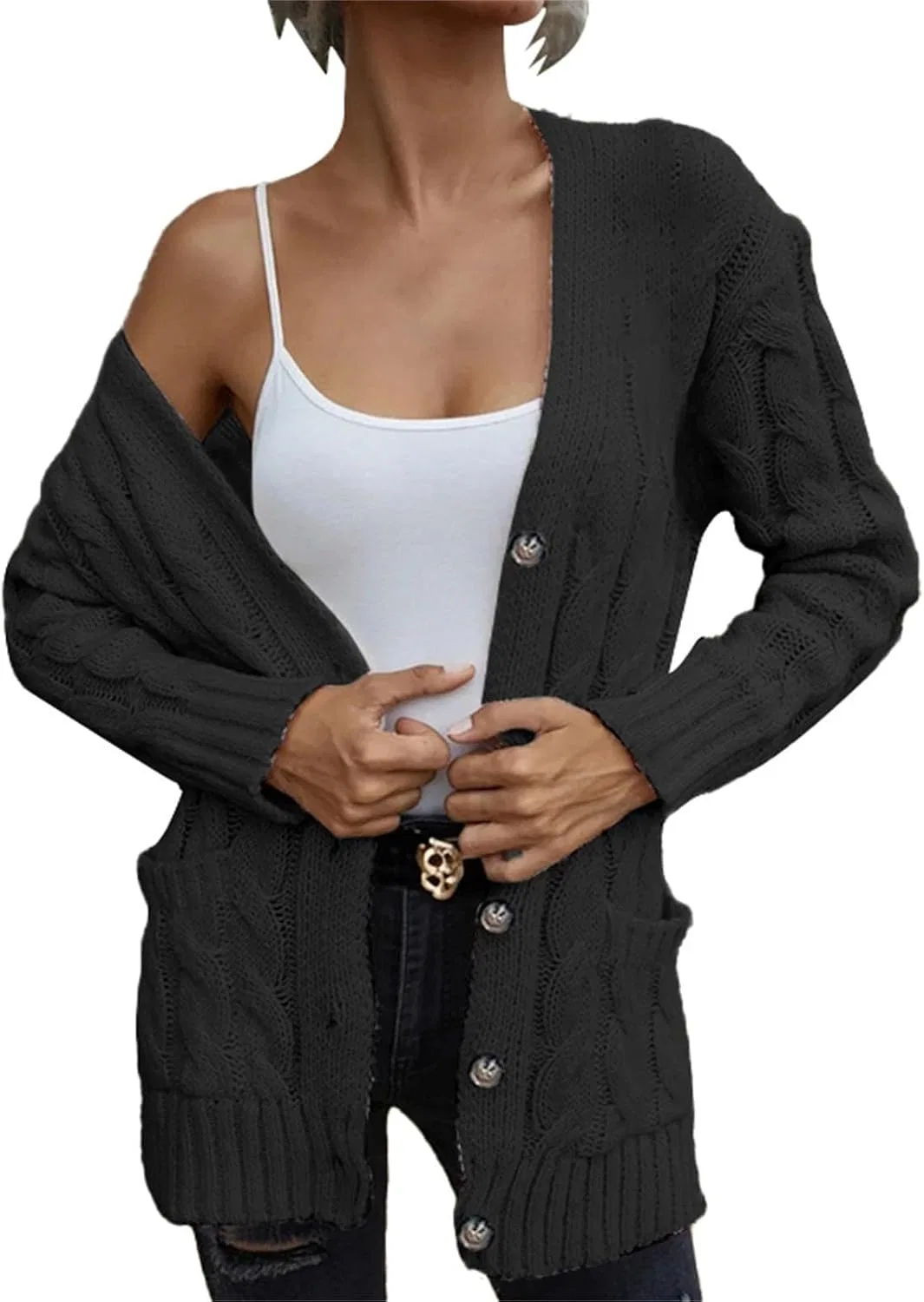 Женский кардиган без застежки с длинным рукавом, модель Open Front, цвет Black