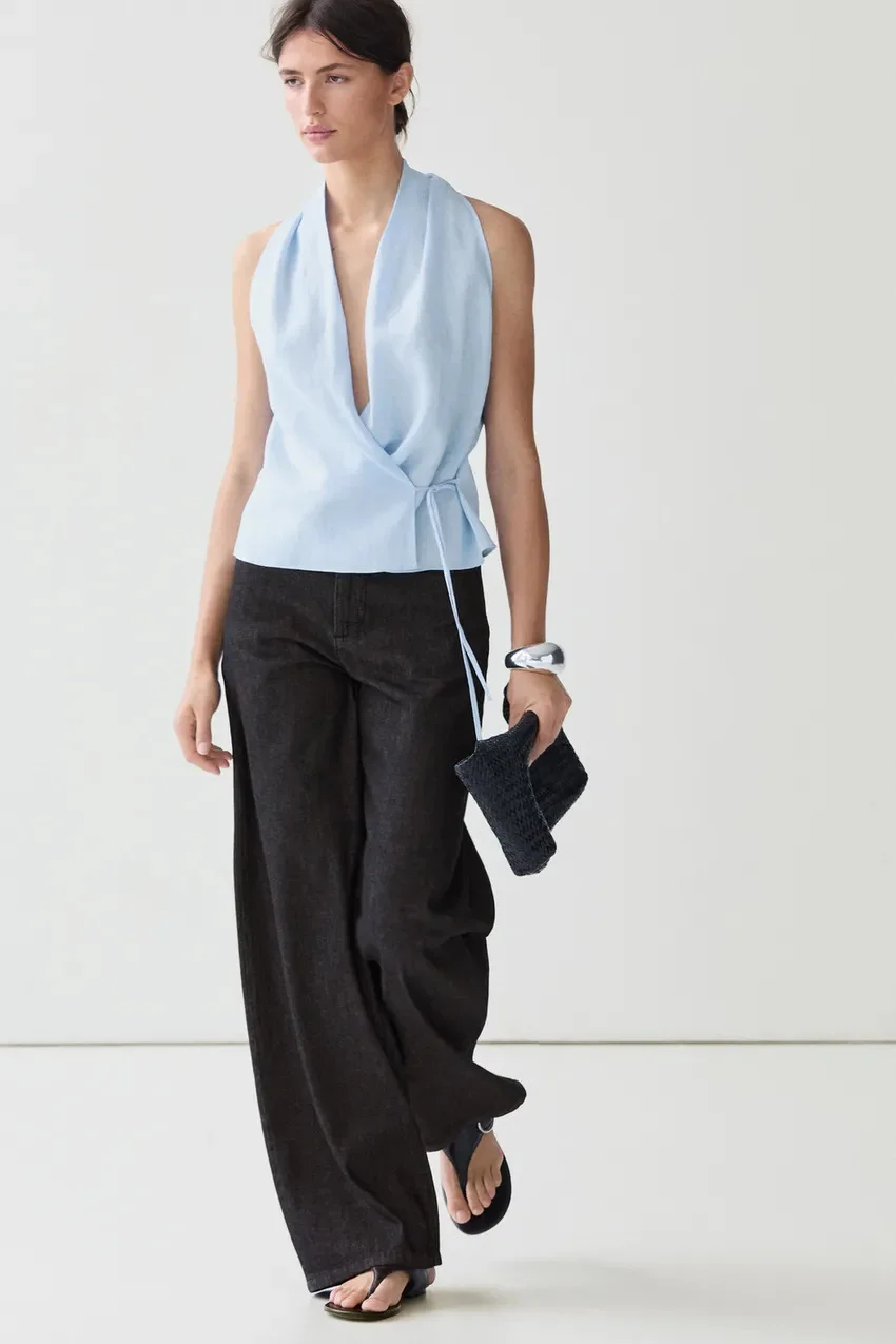 Топ Massimo Dutti из льна с открытыми плечами, небесно-голубой — фото 3