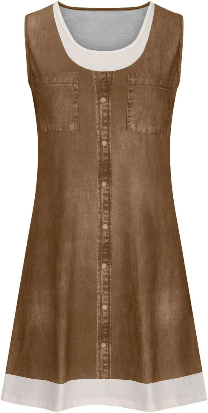 Женское джинсовое платье мини sleeveless, Coffee — фото 2