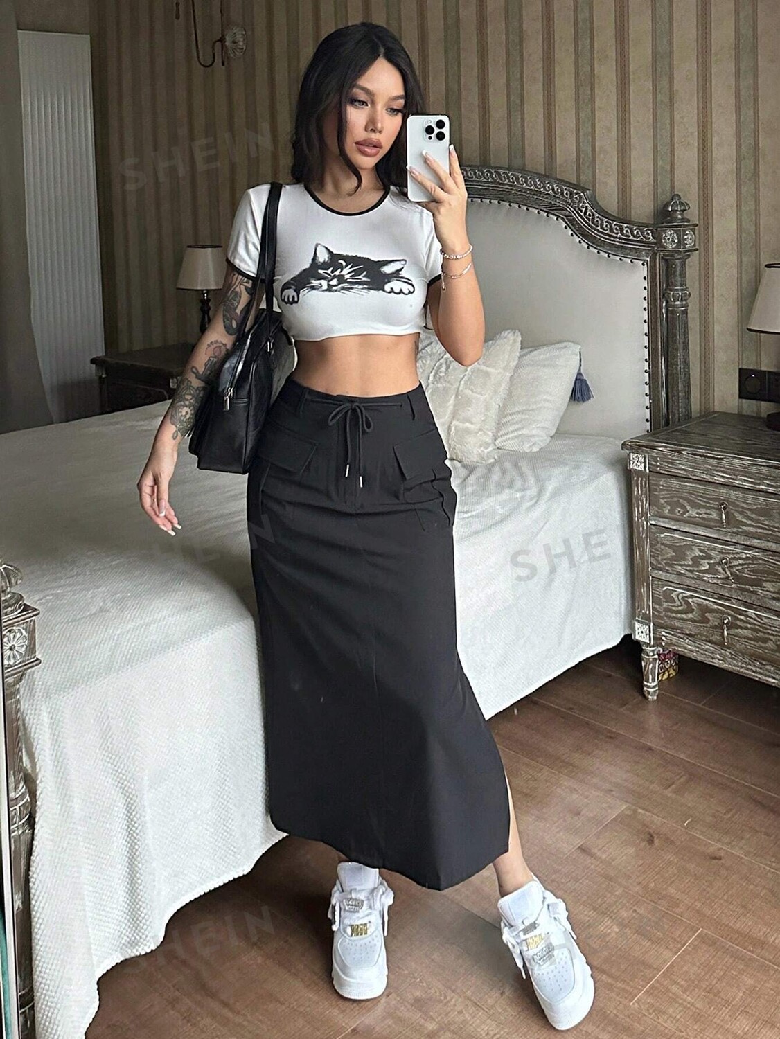 

EZwear Юбка однотонная, с откидным карманом, прямая повседневная Shein, черный