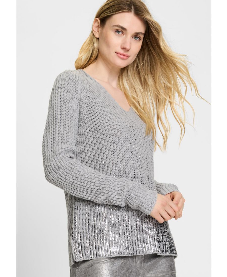 

Женский свитер с V-образным вырезом и отделкой из серебристой фольги Olsen, Misty grey melange