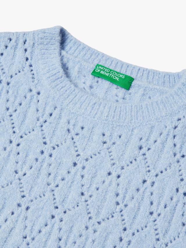 Детский вязаный ажурный джемпер с круглым вырезом Benetton, Blue — фото 3