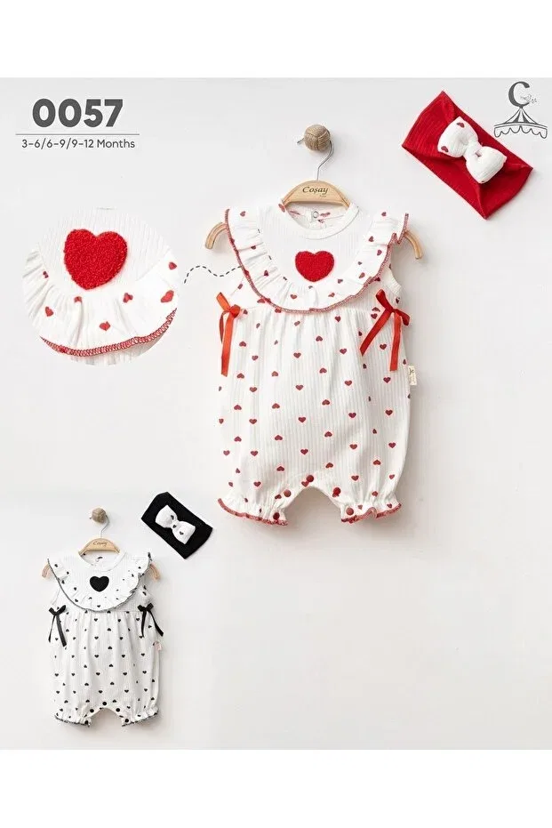 Детское боди-комбинезон для девочек с принтом Luvvera baby heart baby girl romper set - 2 pieces (jumpsuit hair band) Coşay Bebe, Red