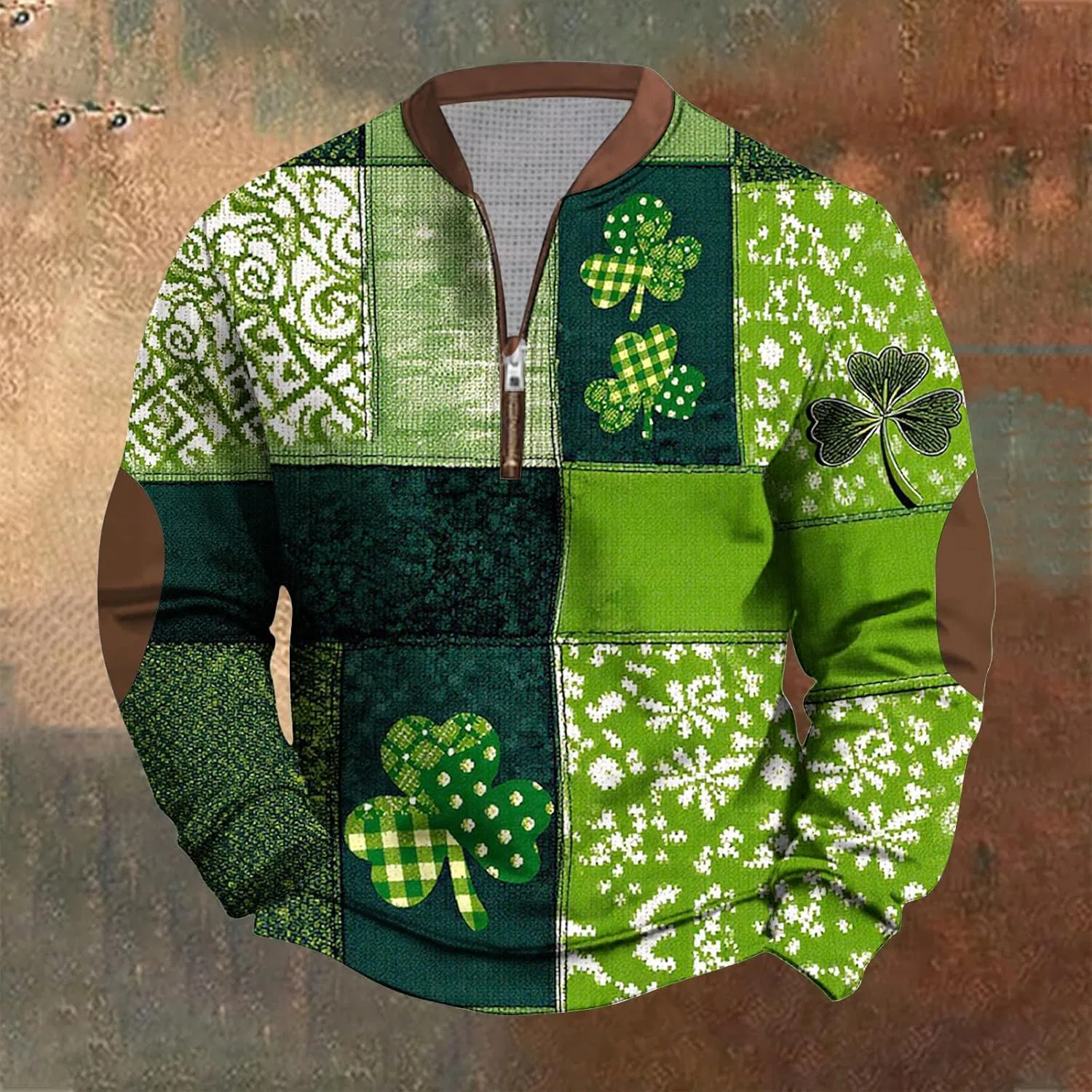 Мужская футболка с принтом трилистника, pullover с воротником на молнии, Green — фото 2