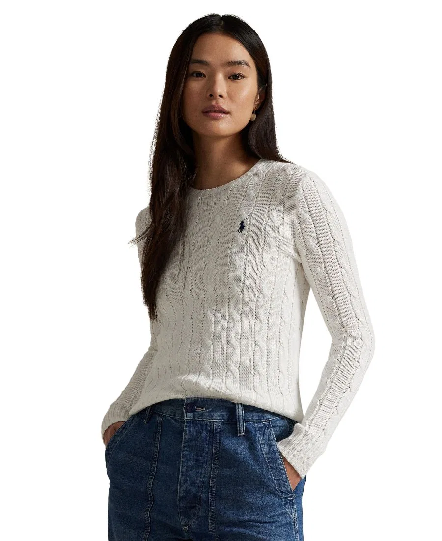 Свитер из хлопка с косами, с длинным рукавом Polo Ralph Lauren, Classic White