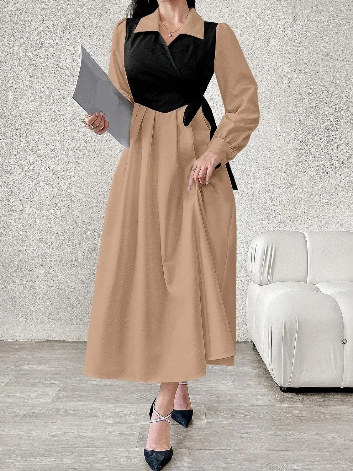 Женское цветовое блок-платье с асимметричным узлом, Khaki — фото 2