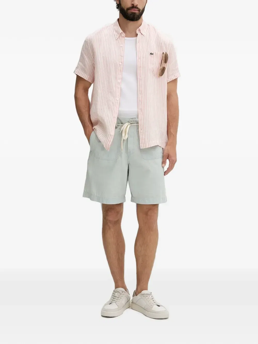 Полосатая льняная рубашка с короткими рукавами Lacoste, розовый — фото 2