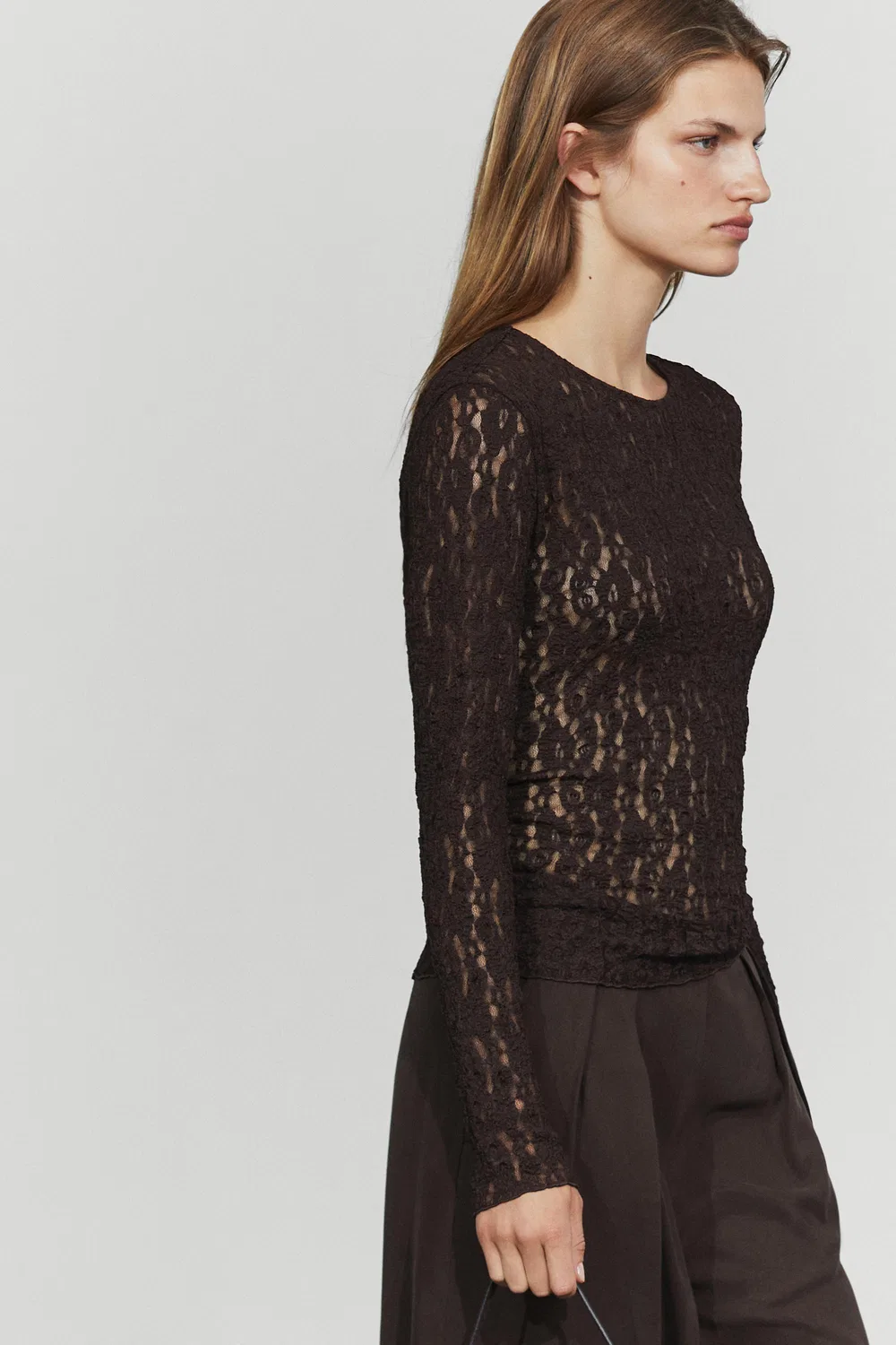 Лонгслив Massimo Dutti Lace Detail, коричневый — фото 4