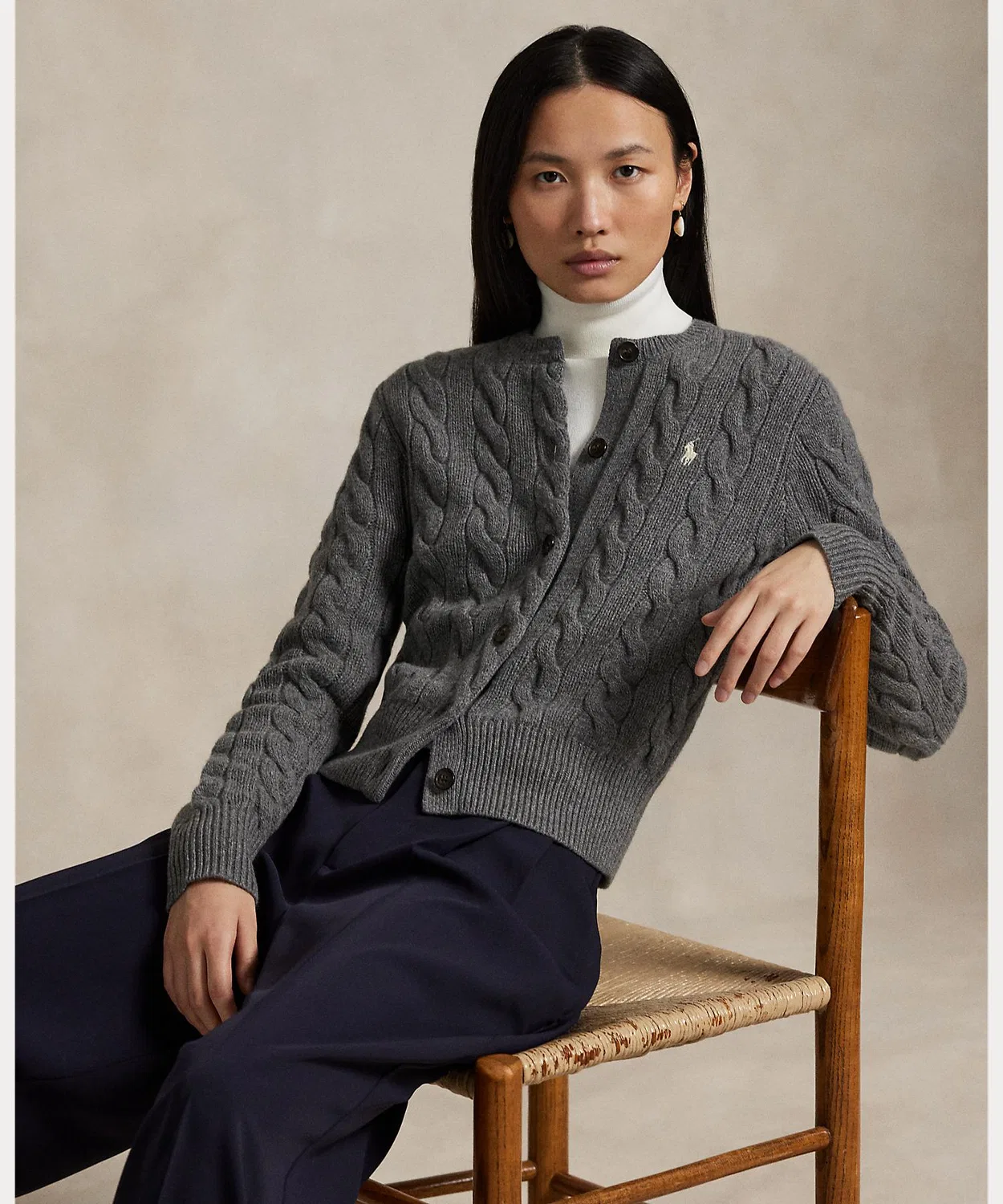 Женский кардиган с длинным рукавомиз шерсти и кашемира с вышивкой POLO RALPH LAUREN, Серый