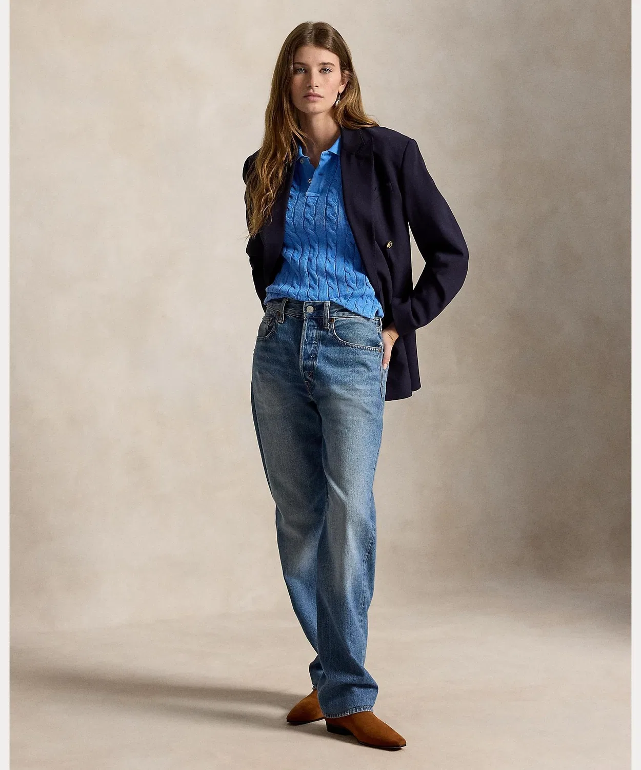 Женский хлопковый поло-свитер с длинным рукавом Slim Fit POLO RALPH LAUREN, Синий — фото 4
