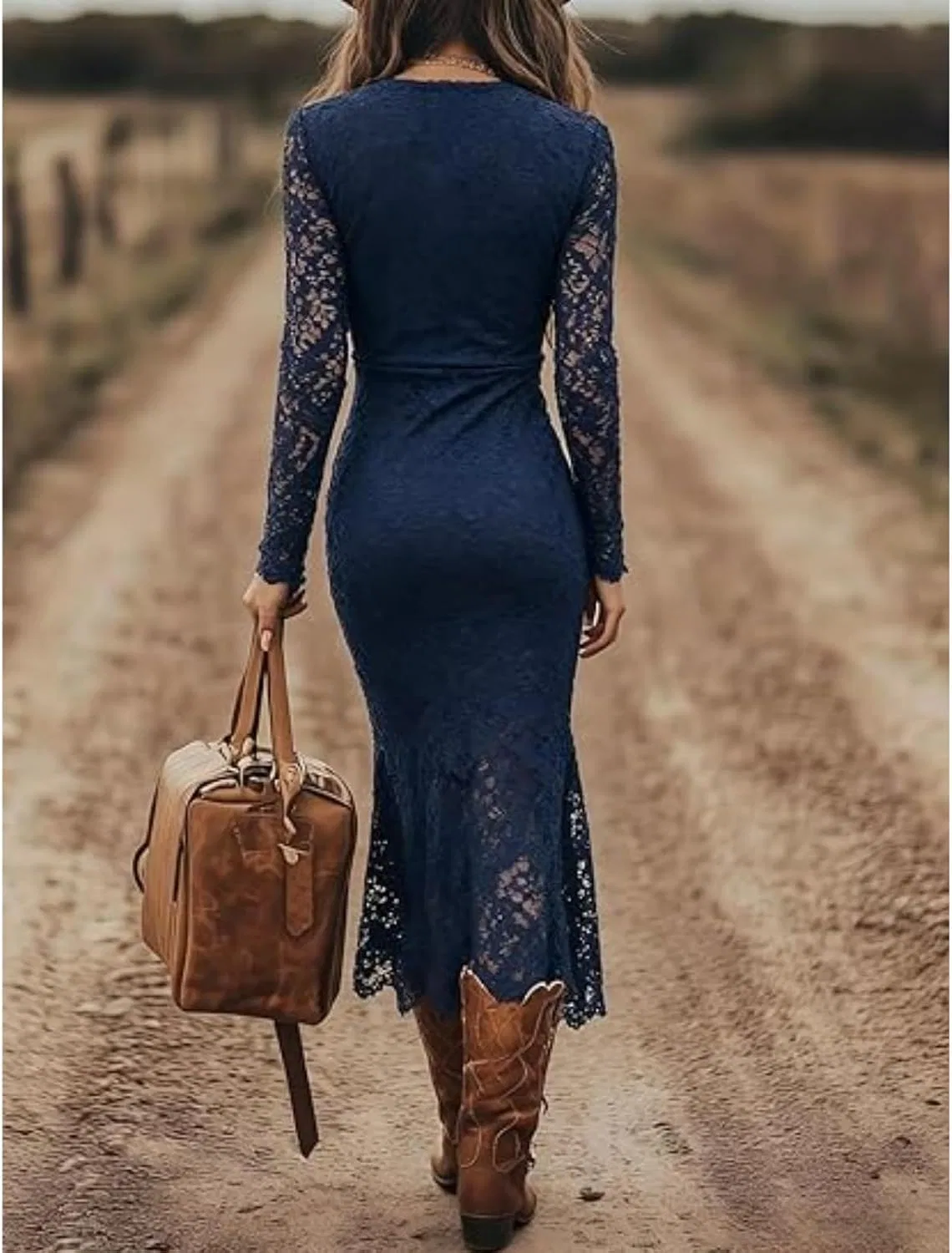 Женское платье миди с кружевными рукавами Vintage Bohemian, Dark Blue — фото 3