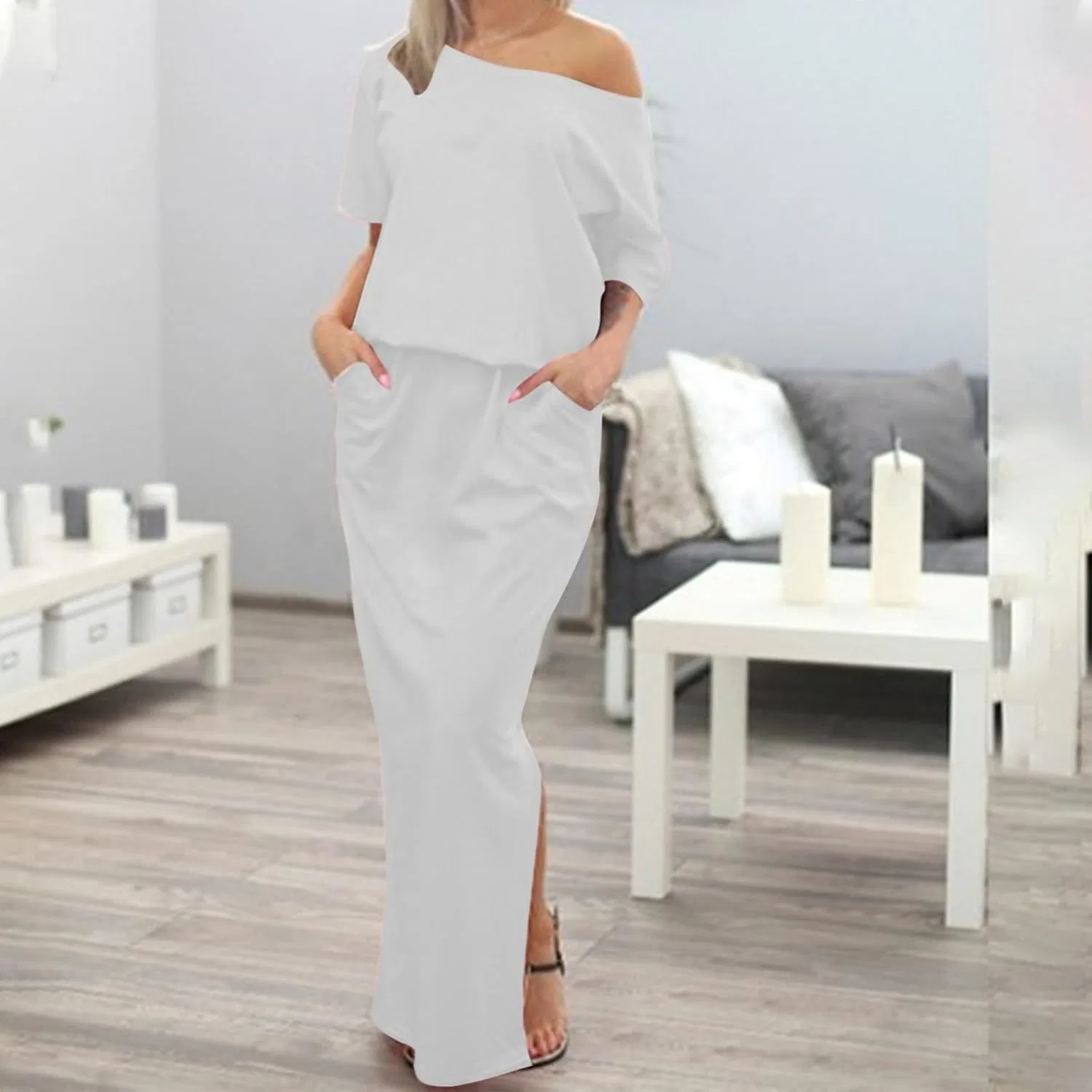 Женское летнее короткое платье-футболка с поясом и карманами, White — фото 2