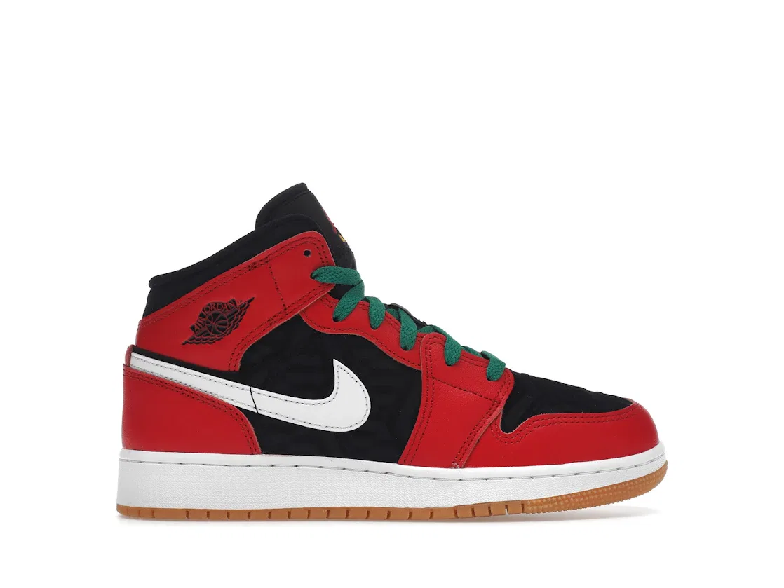 Детские кроссовки с рождественским принтом Jordan 1 Mid SE Christmas Jordan, Black/Fire Red/White/Malachite