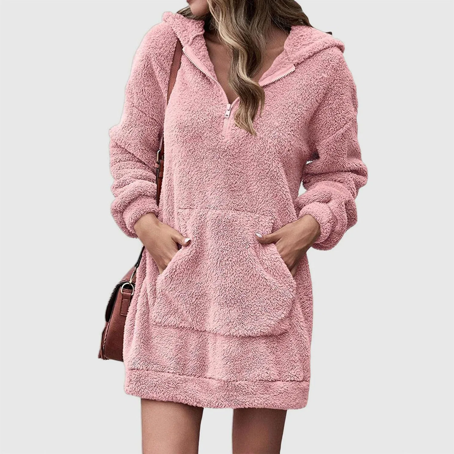 Женское зимнее пальто с капюшоном, длинное, из флиса, Rosa — фото 2