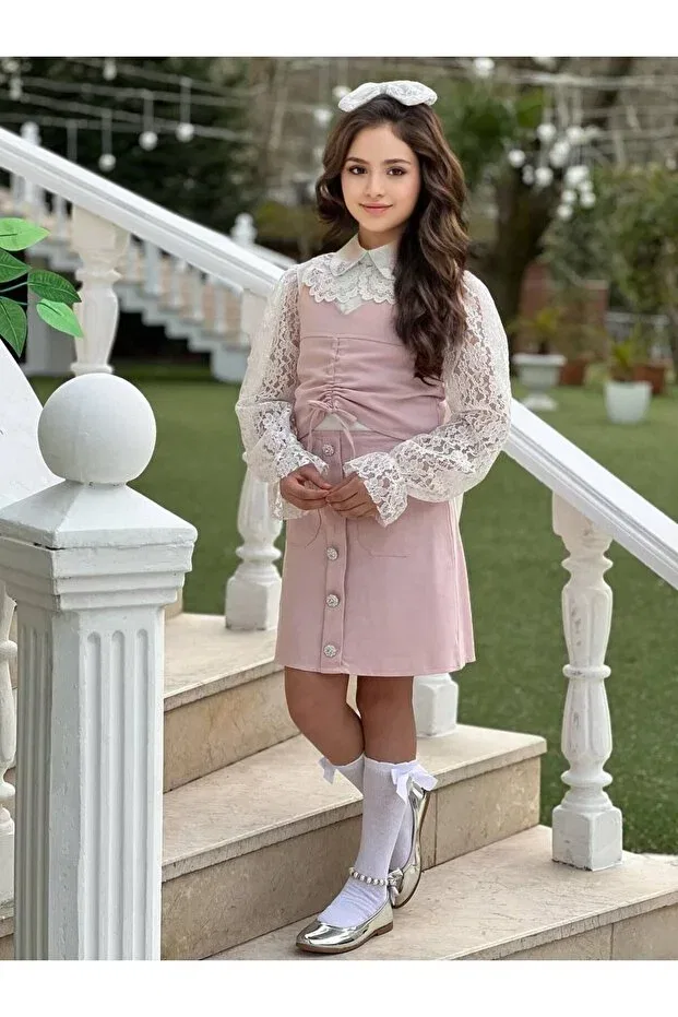 Детское платье для девочек кружевное Girl child 3-11 years old lace detailed shirt collar dress i vintage style lace sleeves stylish dress Yalçınoğlu Kids, Powder — фото 4