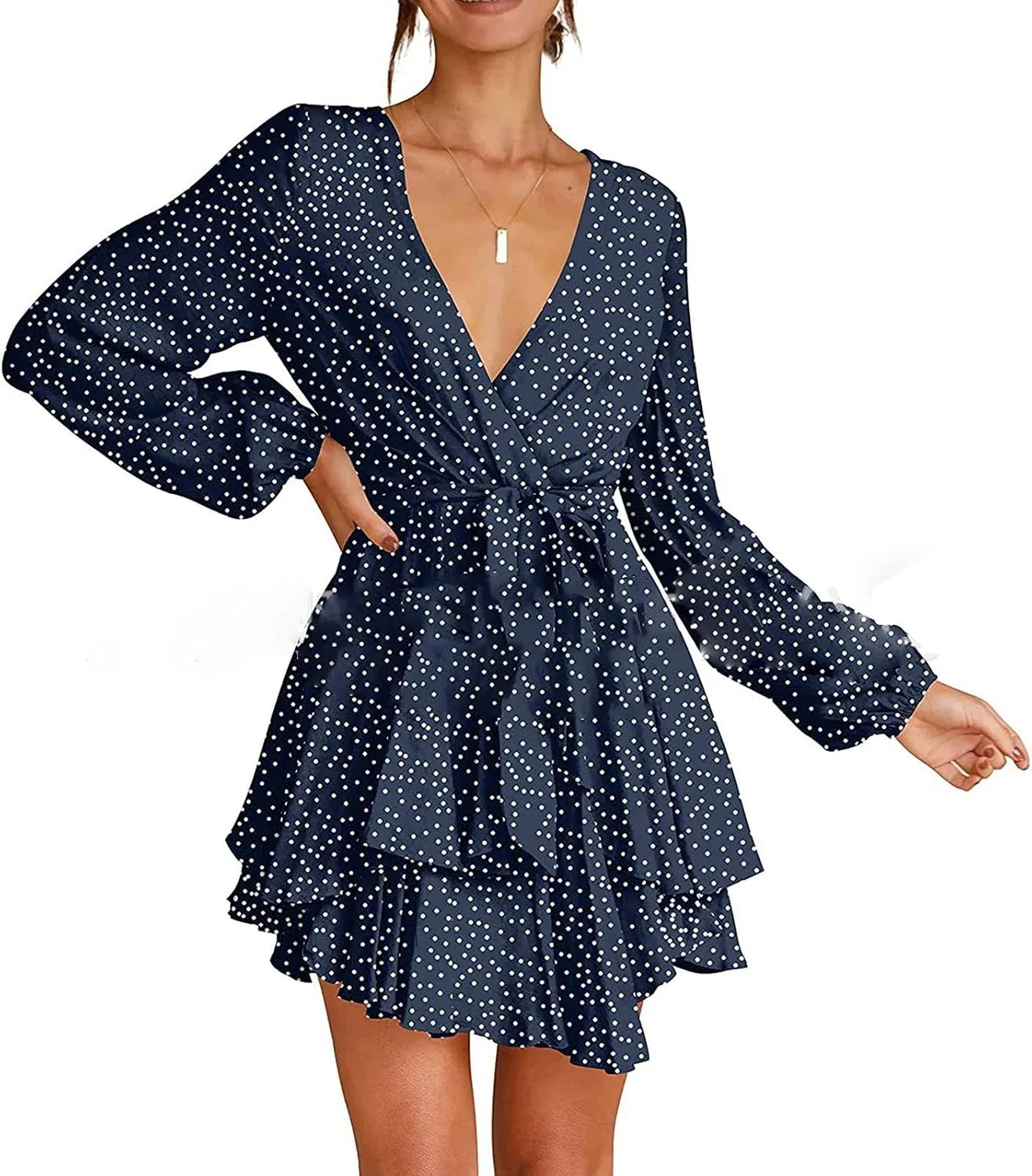 Женское мини-платье с глубоким V-вырезом и поясом, Floral, Blue