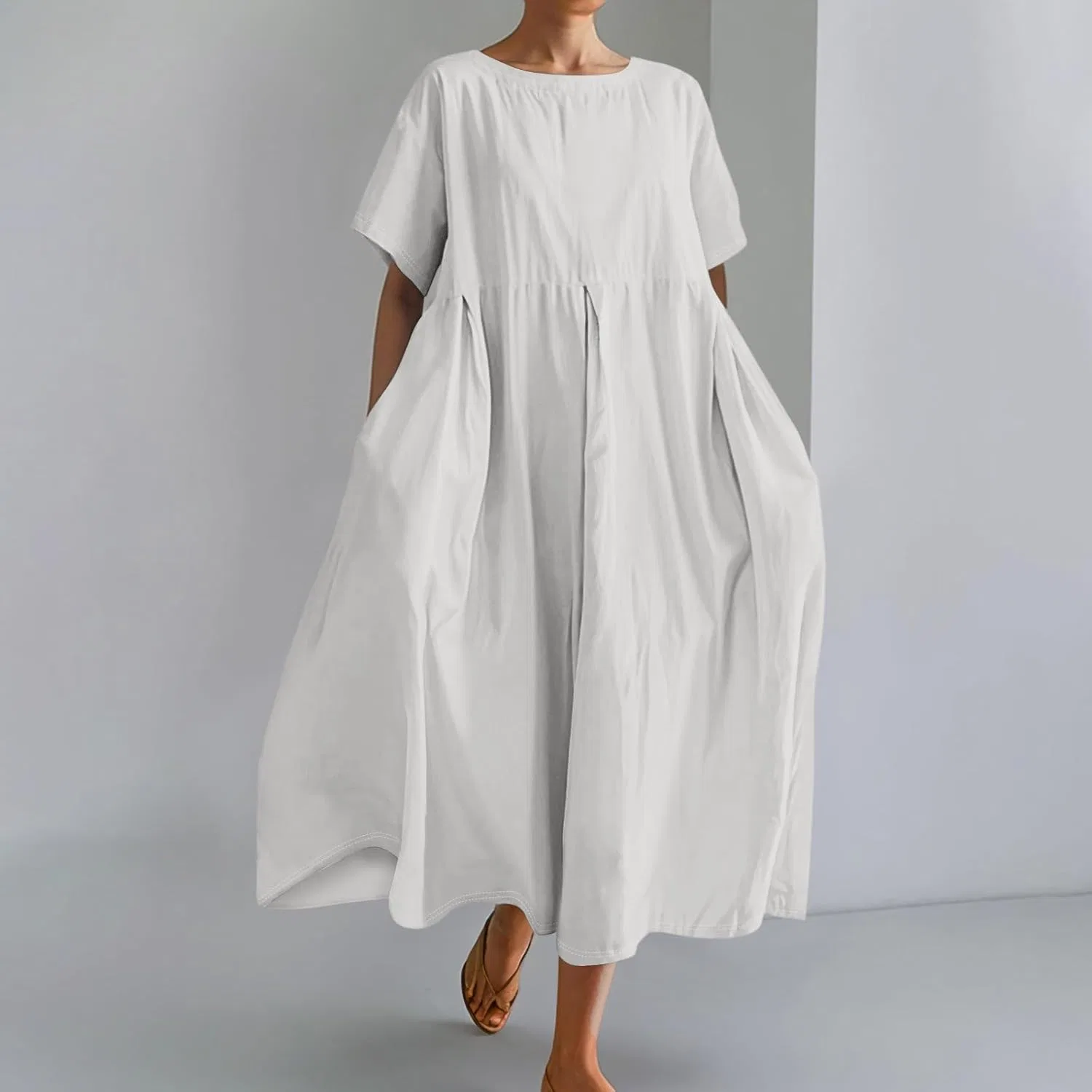 Женское летнее платье макси из хлопка и льна с карманами, White — фото 3