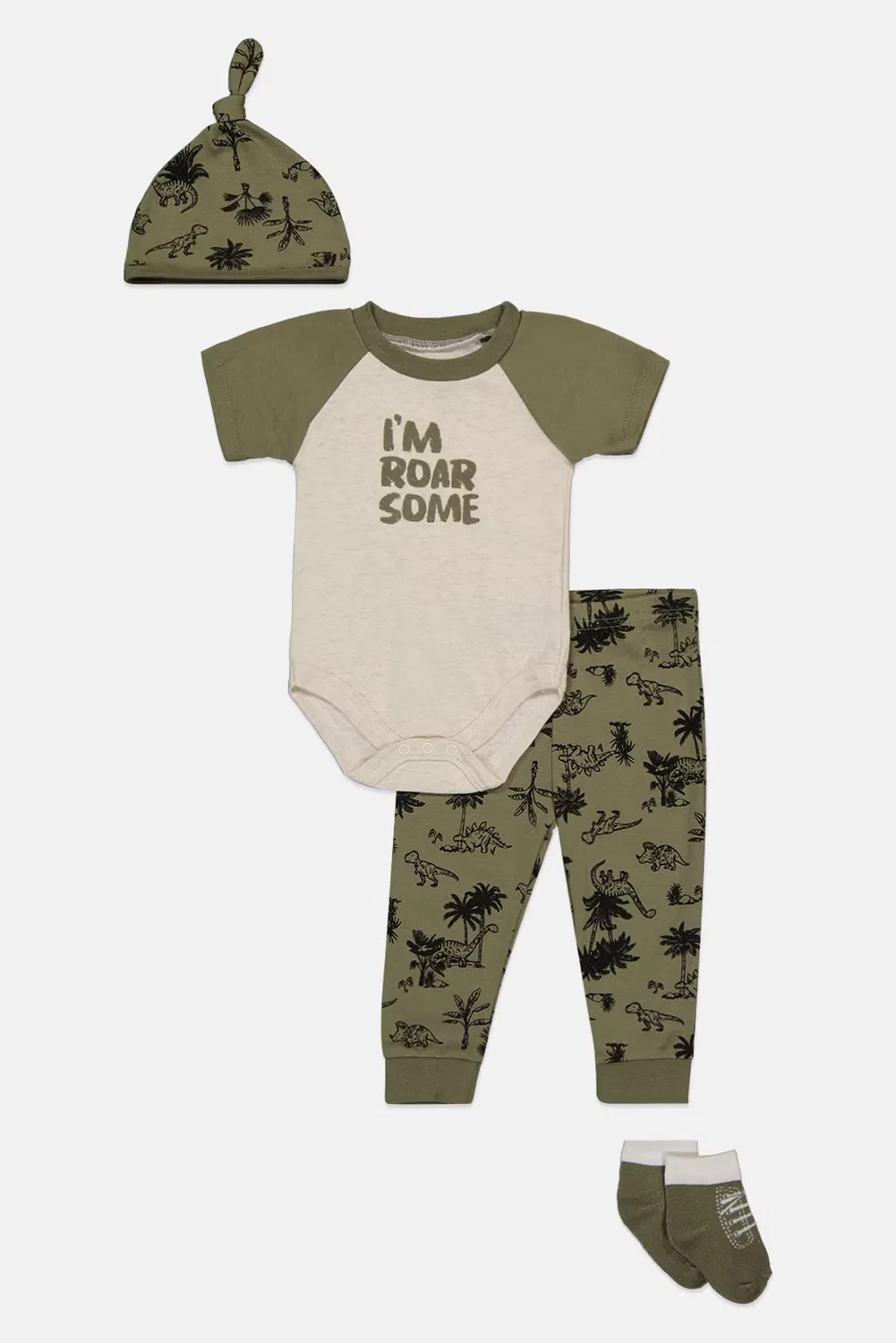 Комплект боди-комбинезон и штаны с принтом, шапка и носки Baby Essentials, разноцветный — фото 3