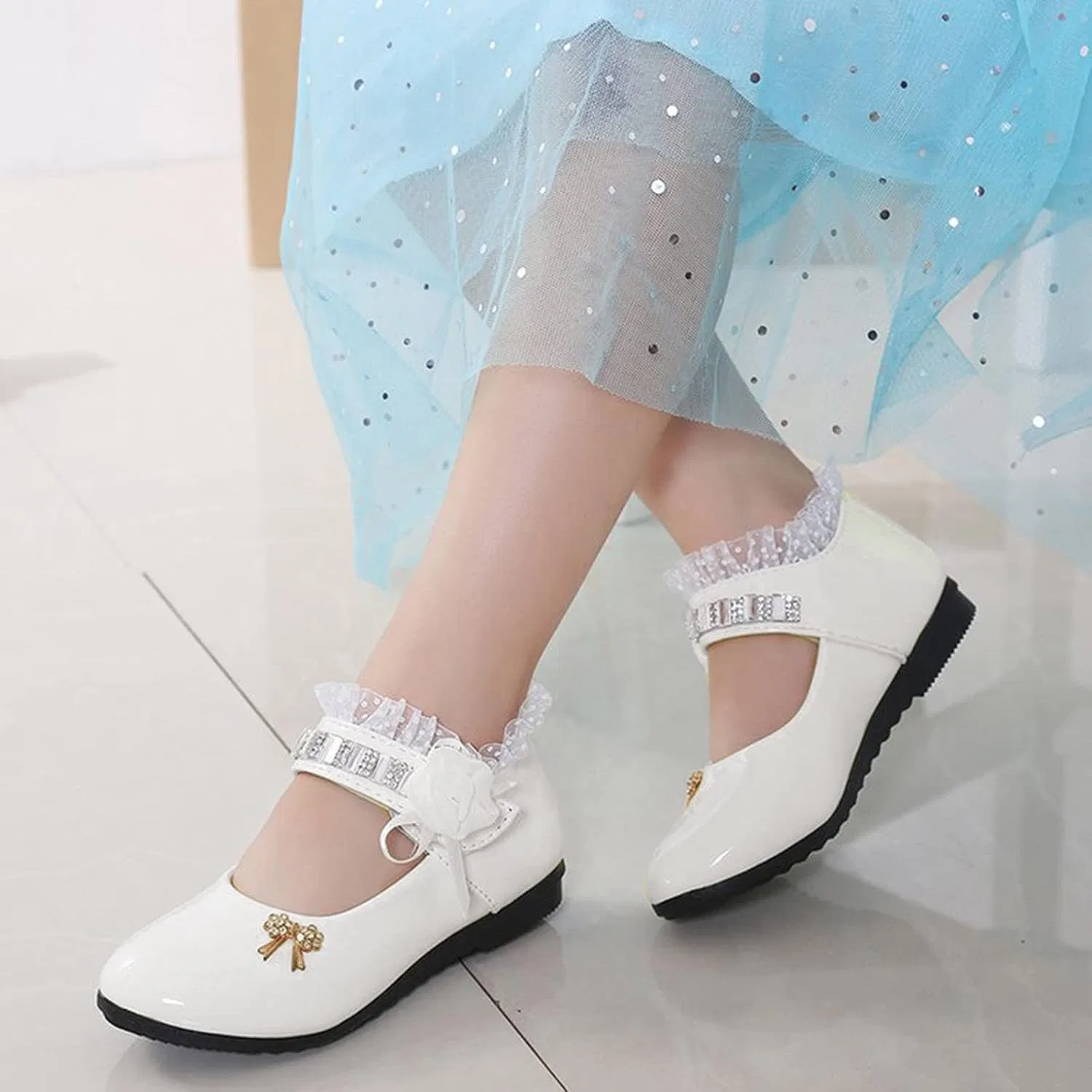 Детские балетки для девочек с цветочным принтом Mary Jane Dress Shoes, White — фото 2
