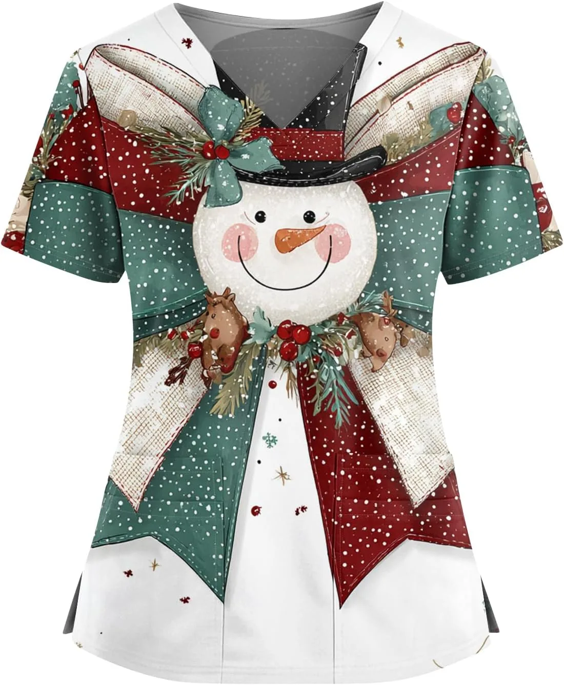 

Верхняя часть медицинского халата для женщин Easy Care с V-образным вырезом, коротким рукавом и новогодним принтом FlekmanArt