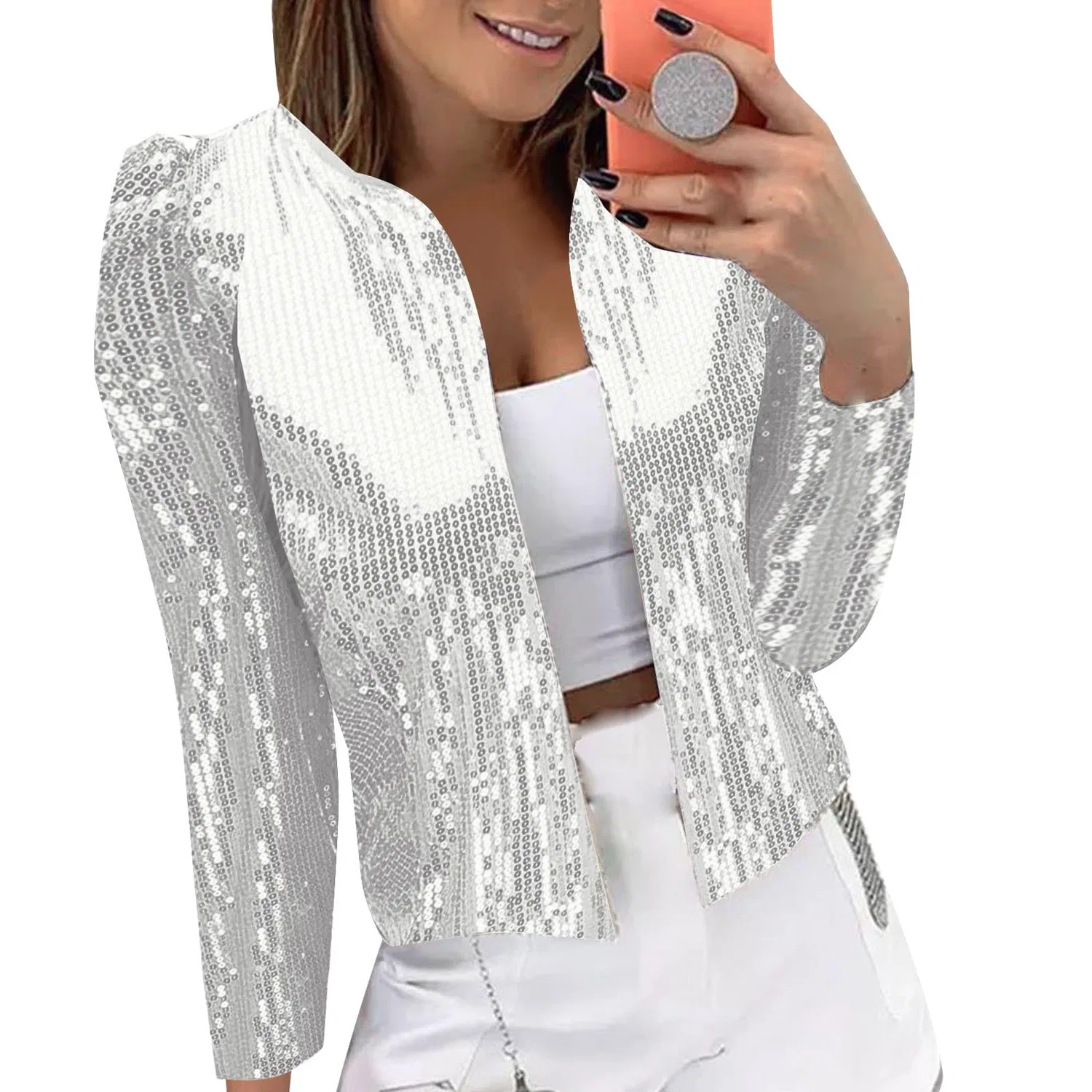 Женская куртка с пайетками Sequin Top Women Sparkly Short Jacket Casual Shiny Blazer Party Coat Solid Color Tops Long Sleeve Open Front Cardigan Glitter Disco Bomber Jacket Y2K Elegant Jacket, Argento