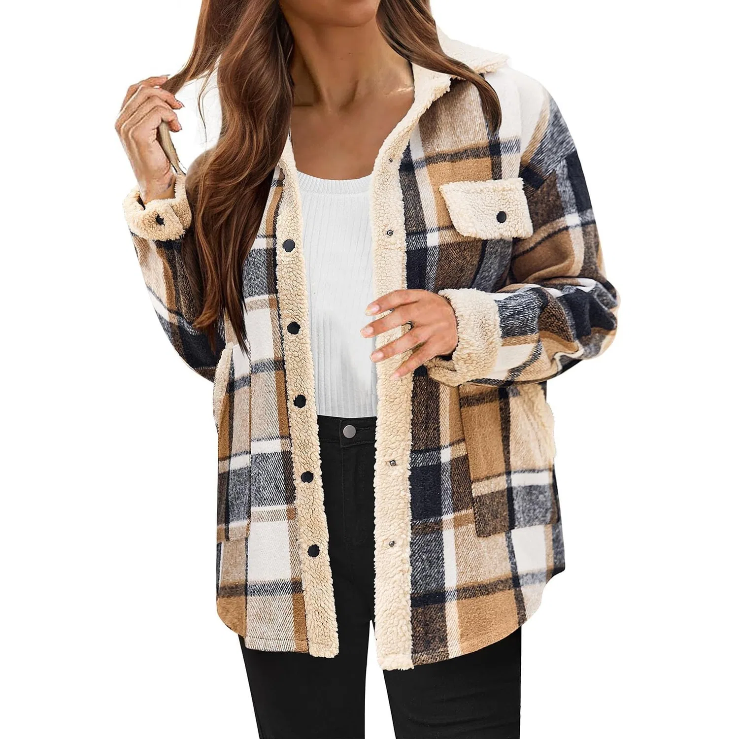 Женская флисовая куртка с принтом Winter Button Down Long Sleeve Soft Windproof Warm Jacket with Pocket, cachi
