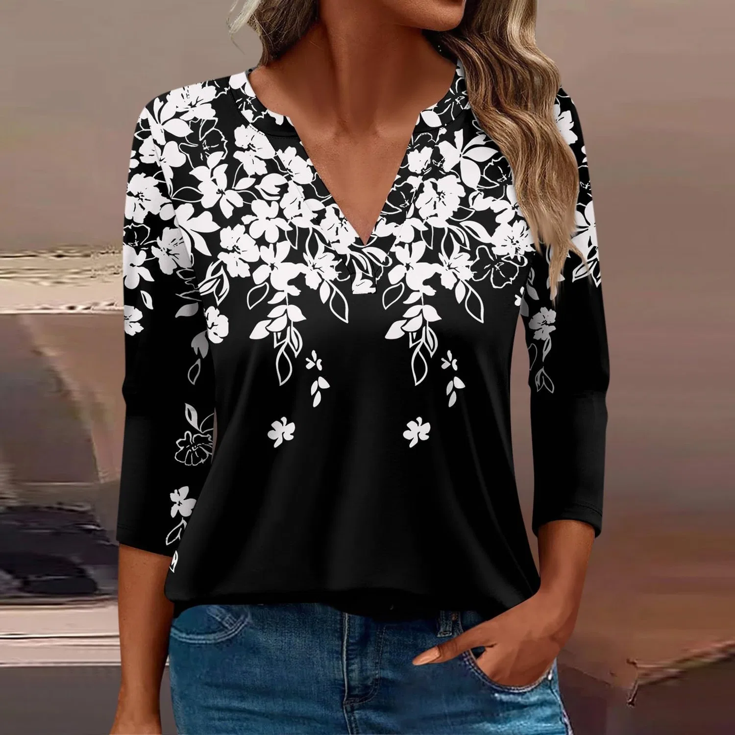 Женская блуза с принтом Women Blouses 3/4 Sleeve V Neck Casual Elegant Summer Boho Floral Print Blouses, 23#grigio Scuro — фото 2
