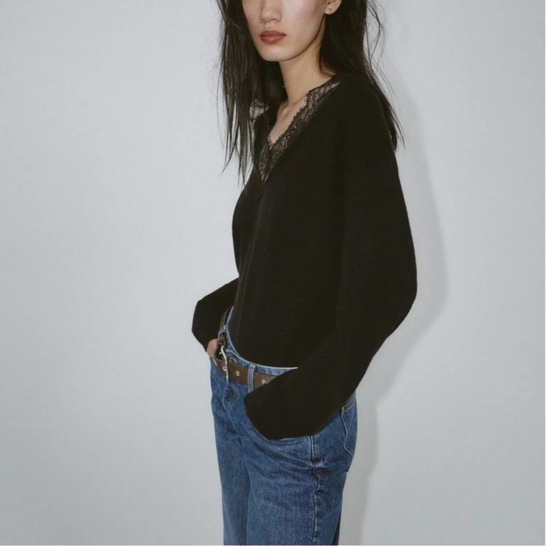 Женский вязаный топ с V-образным вырезом, ZARA, Black — фото 4