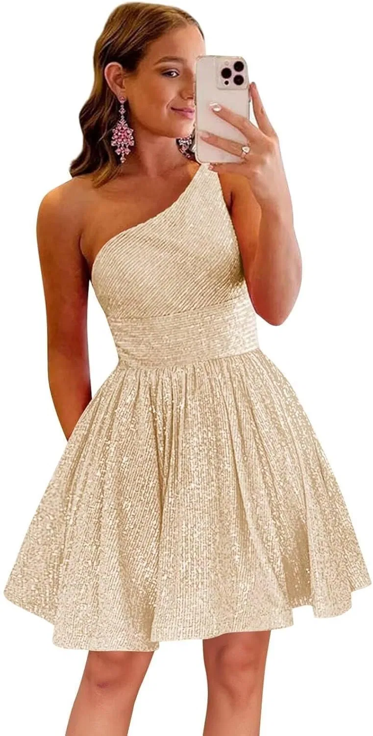 Женское платье с одной бретелью, пайетками A-Line MSW10, Champagne