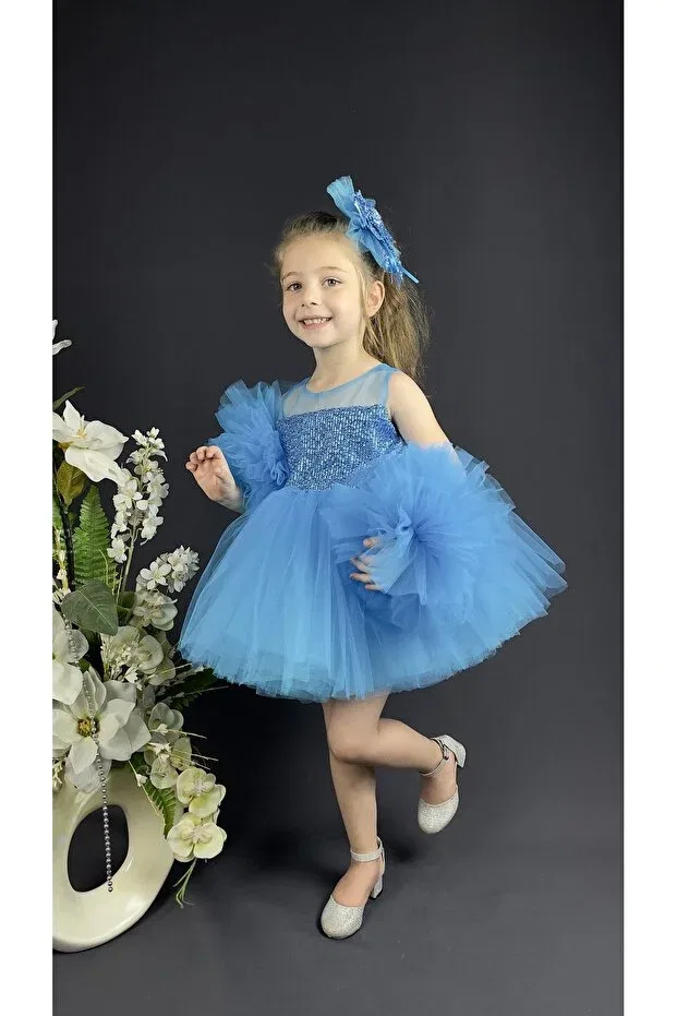 Детское платье для девочек с пайетками Pompom Delfini Kids, Blue — фото 2