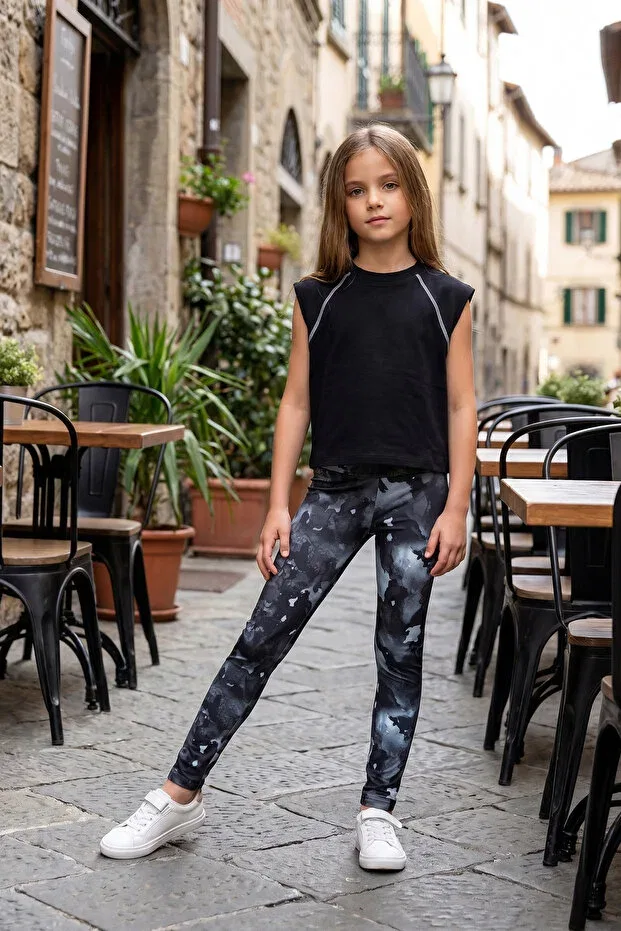 Детские спортивные леггинсы для девочек с принтом Wildly Patterned Colorinas, Black — фото 3