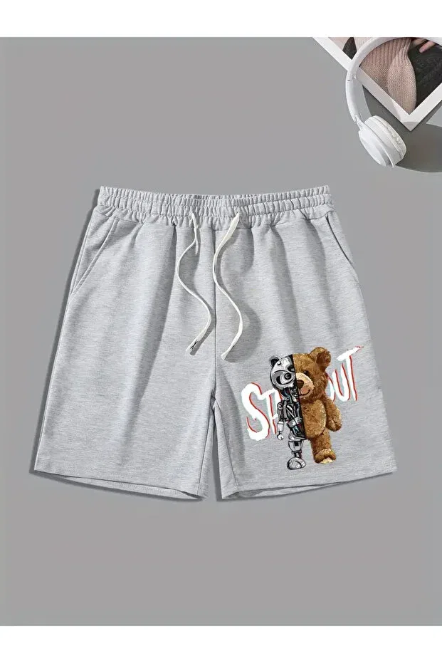 Детский комплект шорт для девочек с принтом Teddy Bear Printed Summer Short Shorts Set Nplstore, Gray-Beige-Black — фото 4