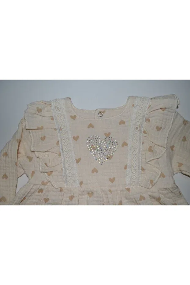 Детское платье для девочек с длинным рукавом Kalp patterned muslin baby girl dress Lil-Va Kids, Beige — фото 4