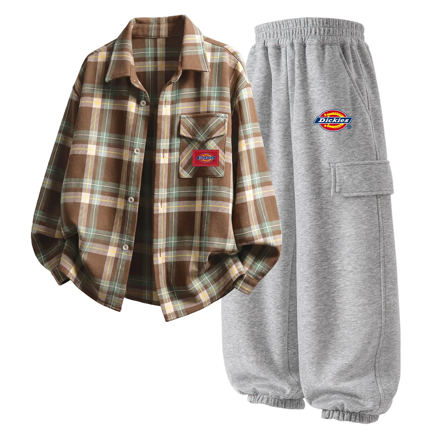 Детский спортивный комплект с принтом Dickies, Rum Brown Plaid+S Logo Thick K Light Heather Gray