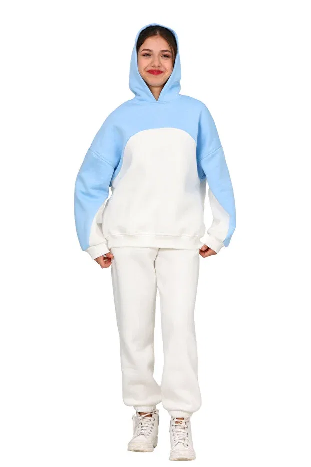 Детский спортивный костюм для девочек из футера с капюшоном Erdem Kids, Ecru-Blue — фото 3