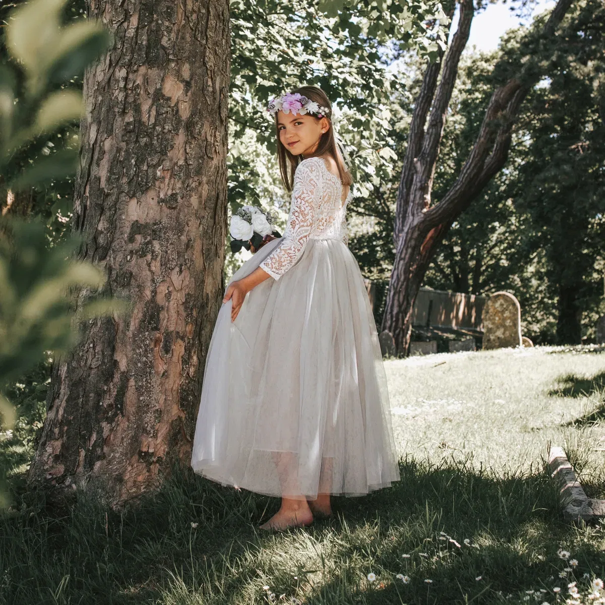 Детское классическое платье с длинным рукавом Bohemian Uk Flower Girl Boutique, Silver — фото 3