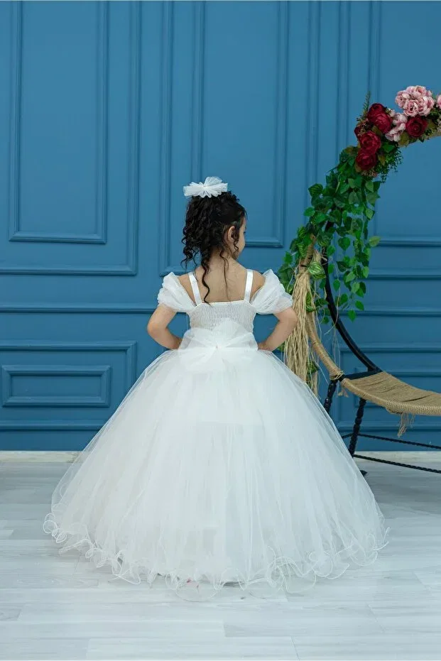 Детское платье для девочек с принтом White tulle children's evening dress with shoulder detail princess dress wedding and birthday outfit Zde Dikim Evi, Nude Color — фото 2