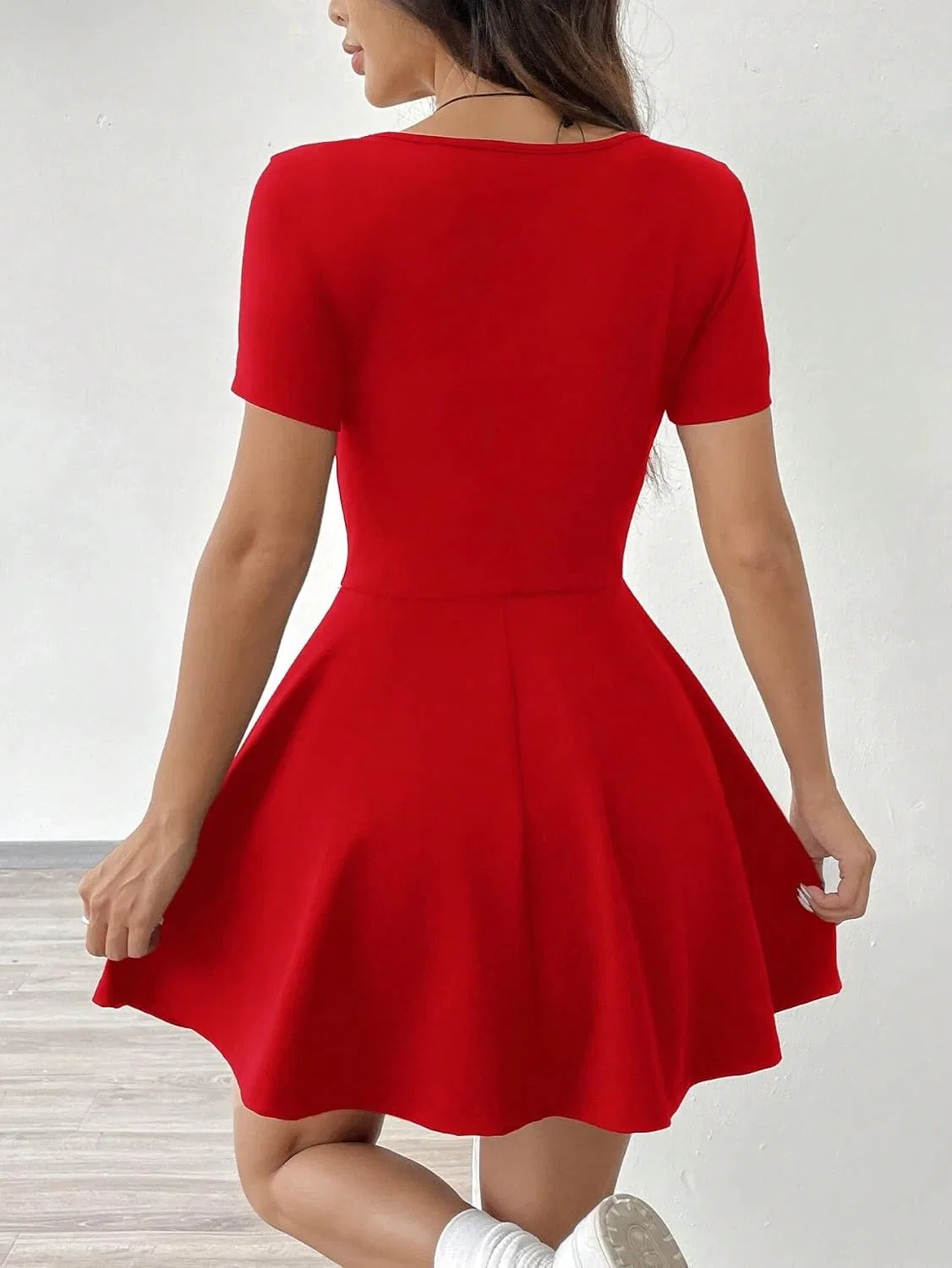 Женское мини-платье трапеция с длинным рукавом Knitted Fabric, Red — фото 2