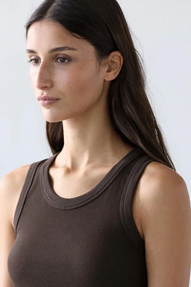 Женская футболка-трапеция хлопковая Halter cotton blend t shirt Massimo Dutti, Brown — фото 4