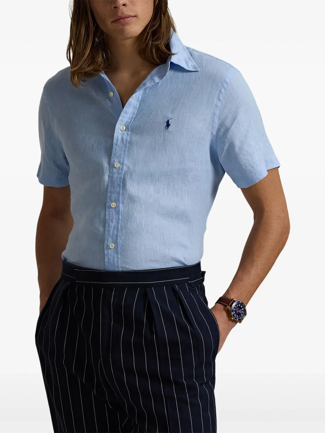 Льняная рубашка светло-голубого цвета Polo Ralph Lauren, светло-голубой — фото 4
