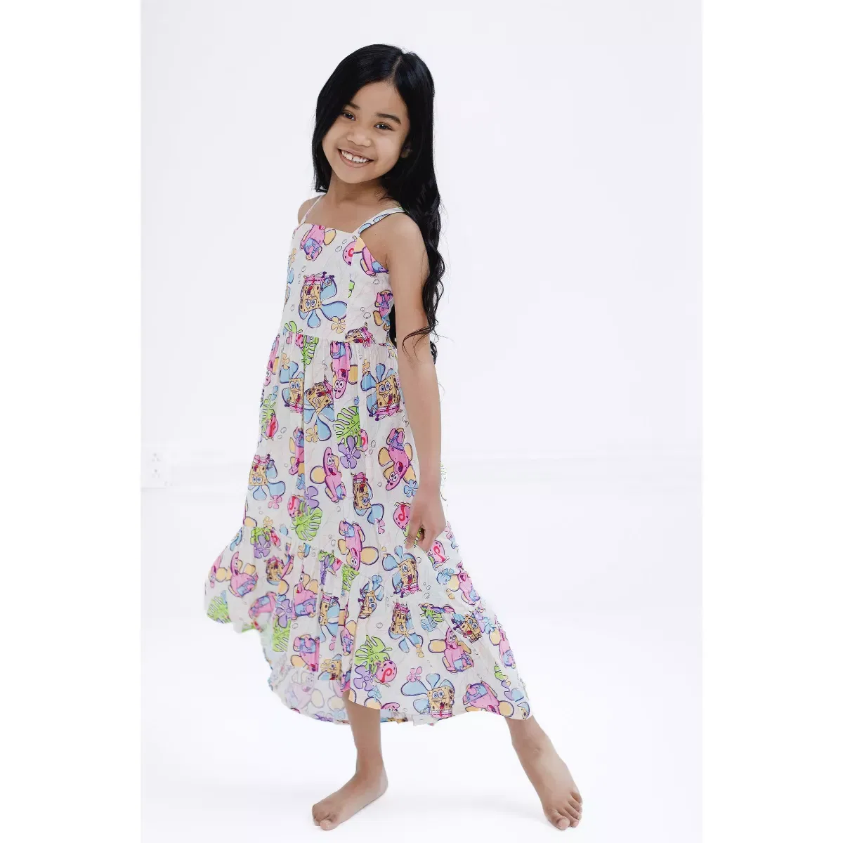 Детское платье для девочек с принтом SpongeBob SquarePants Square Neck Smocked Cami Maxi Dress, Off White — фото 4