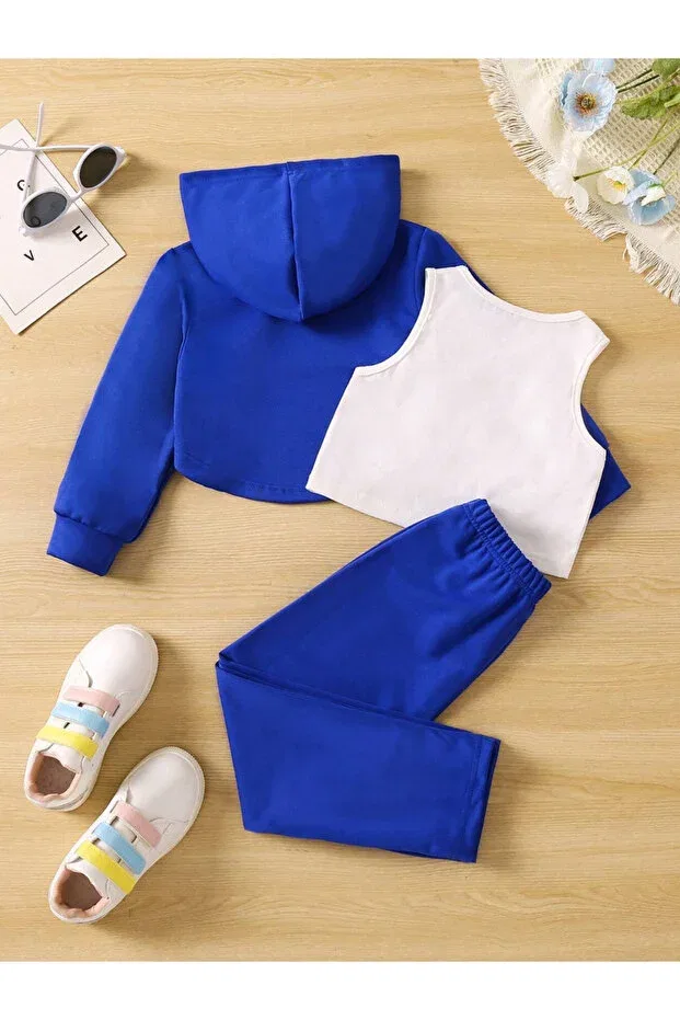 Детский спортивный комплект для девочек с принтом Brooklyn White Strappy Crop Tracksuit Set Novibe, Saks Blue — фото 2