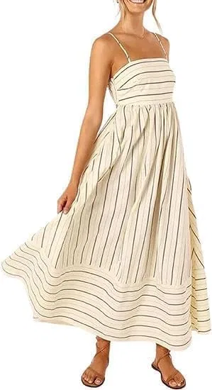 Женское летнее макси-платье с открытой спиной, Striped Spaghetti Strap Cutout Maxi Dress, A02-apricot Color