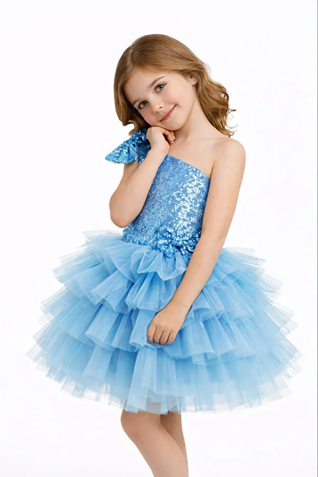 Детское платье для девочек с пайетками One-Shoulder Sequined Bow Tutu Evening Dress Babysmile, Light Blue — фото 3