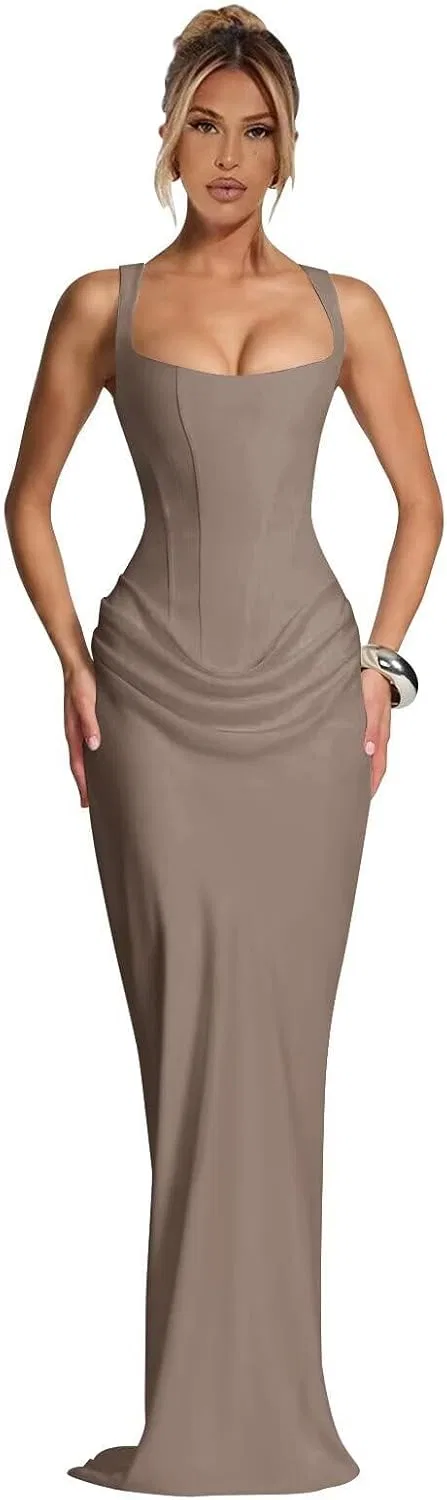 Длинное атласное платье-майка с открытыми плечами YH165, Taupe