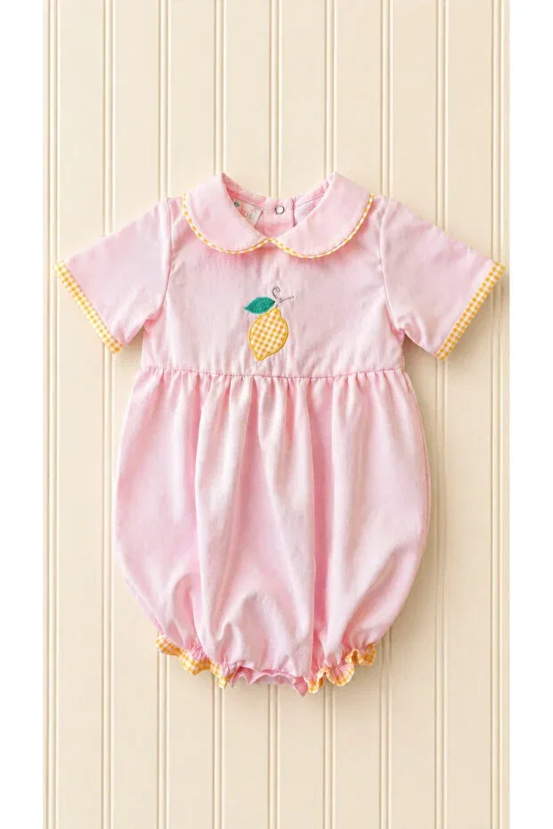 Детское боди-комбинезон для девочек с коротким рукавом Limon belle baby girl pink bubble romper - premium romper with lemon appliqué Molini, Pink