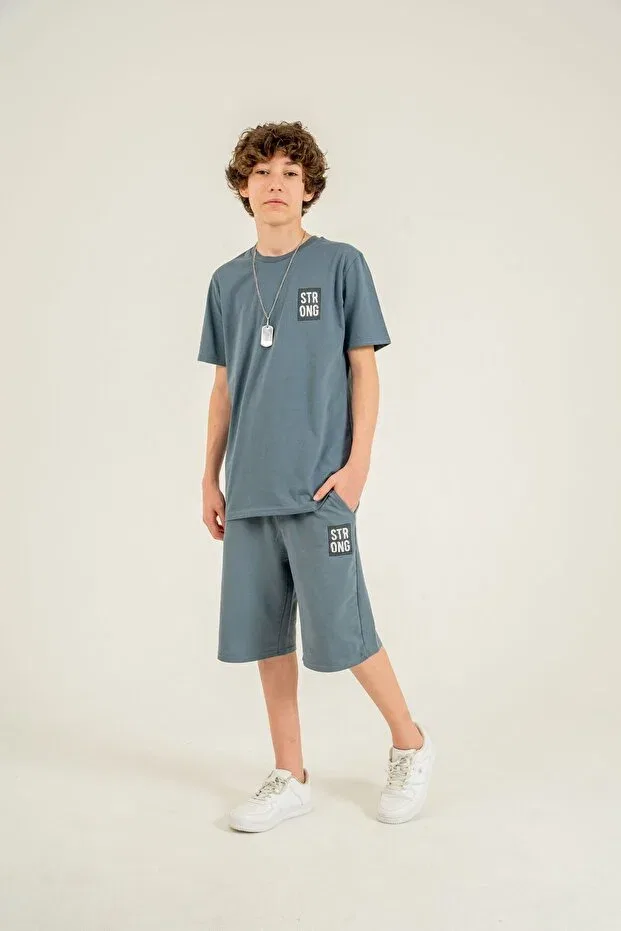 Детский комплект для мальчиков с принтом Strong Printed Boys' Shorts with Pendant - T-Shirt Mışıl Kids, Medium Gray