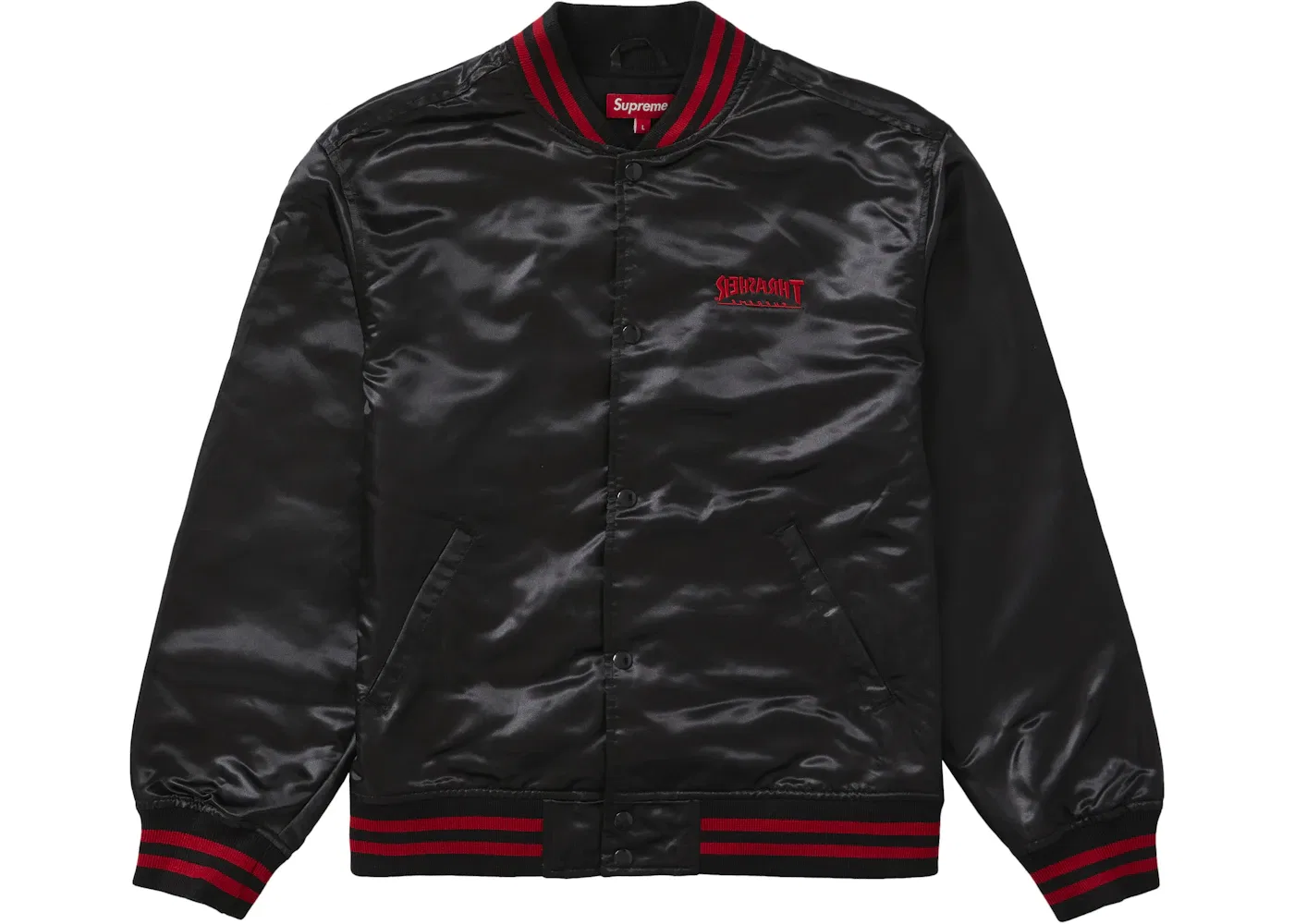 Мужская куртка с сатиновым покрытием Supreme Thrasher Satin Varsity Jacket, Black — фото 2