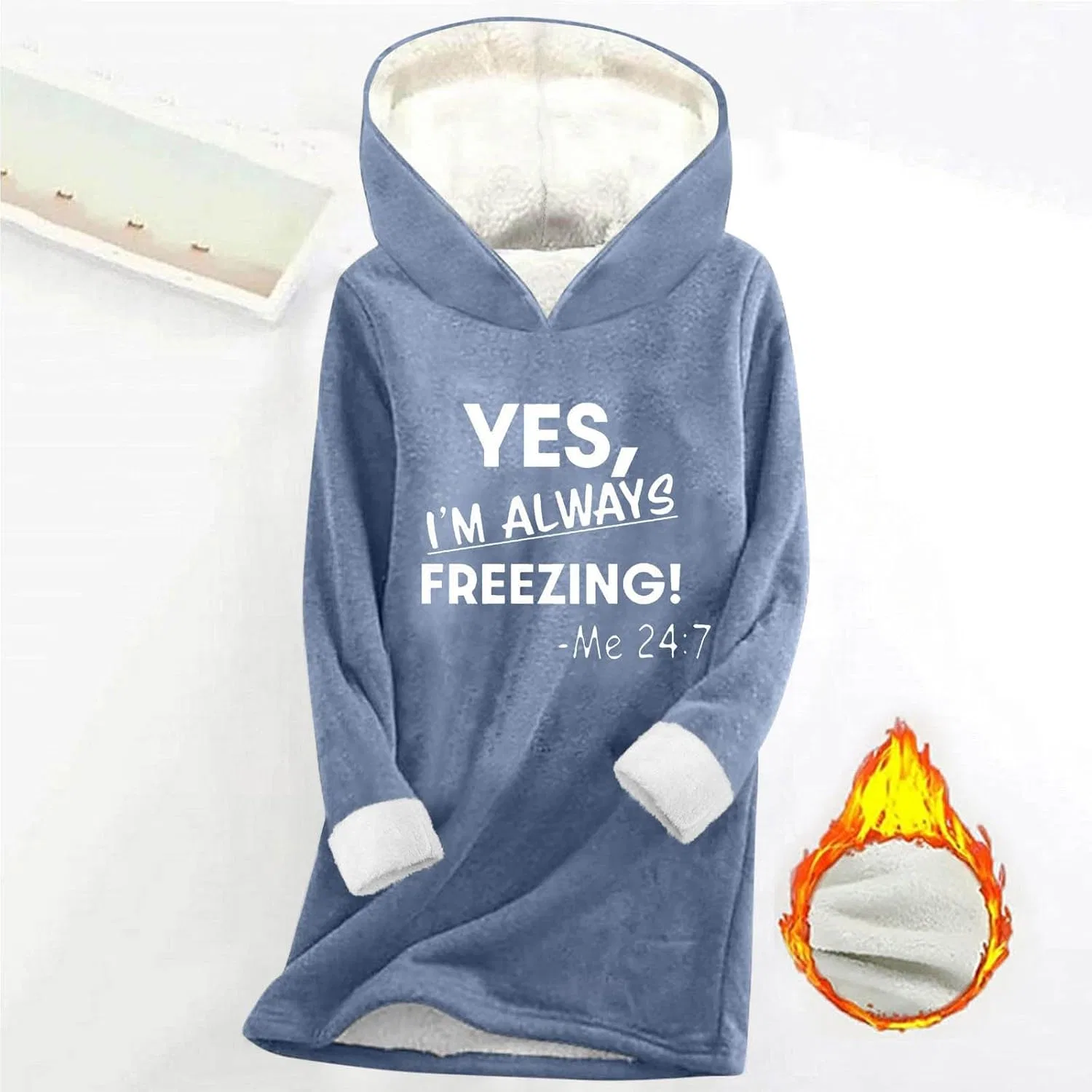 Женское худи с принтом Yes I'm Always Freezing Me 24:7, синий — фото 3