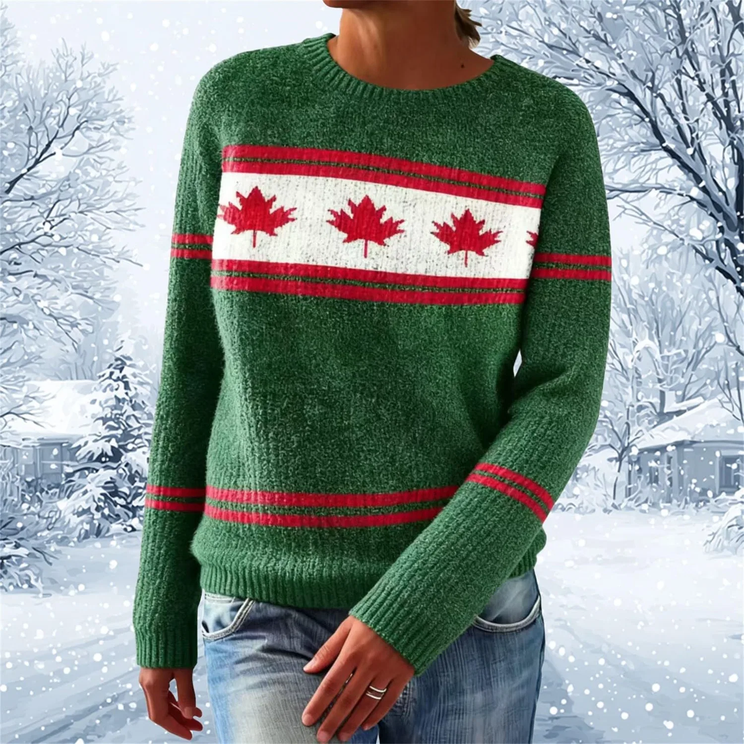 Женский свитер оверсайз с принтом Maple Leaf Print, Dark Green — фото 2